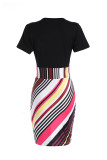 Pink Casual Print Patchwork O Neck One Step Skirt Dresses