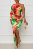 Light Blue Sexy Print Hollowed Out Patchwork Slit Oblique Collar Straight Dresses