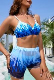 Tibetan Blue Sexy Print Backless Swimsuit Three Piece Set (With Paddings)