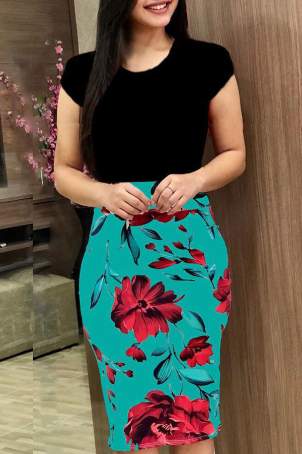 Lake Green Casual Print Patchwork O Neck One Step Skirt Dresses