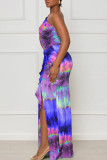Light Blue Sexy Print Hollowed Out Patchwork Slit Oblique Collar Straight Dresses