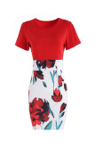 Pink Casual Print Patchwork O Neck One Step Skirt Dresses