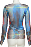 Yellow Sexy Print Patchwork See-through O Neck Tops