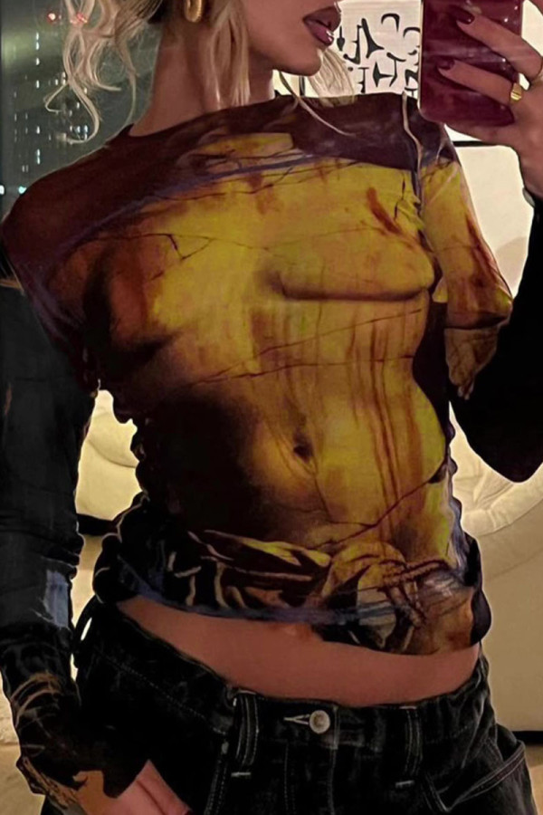 Yellow Sexy Print Patchwork See-through O Neck Tops