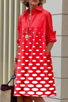 Red White Casual Print Polka Dot Patchwork Buckle Turndown Collar Shirt Dress Dresses