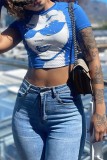 Blue Casual Print Basic O Neck T-Shirts