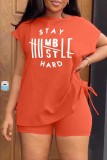 Orange White Casual Print Basic O Neck Short Sleeve Two Pieces