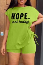Green Black Casual Letter Print Basic O Neck Short Sleeve Two Pieces