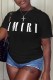 Black Casual Print Letter O Neck T-Shirts