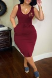 Red Casual Print Basic U Neck Vest Dress Dresses