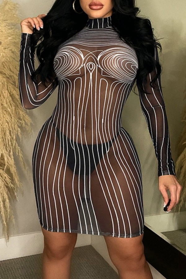 Black Sexy Print See-through Turtleneck Long Sleeve Dresses