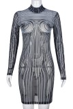 Black Sexy Print See-through Turtleneck Long Sleeve Dresses