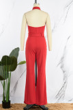 Red Elegant Solid Patchwork Buckle With Belt Turndown Collar Straight Jumpsuits