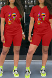 Red Casual Print Patchwork O Neck Short Sleeve Two Pieces