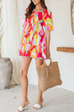 Red Sweet Print Patchwork Square Collar A Line Dresses