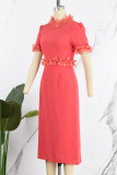Red Casual Elegant Solid Patchwork O Neck Straight Dresses