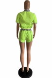 Fluorescent Green Street Print Letter Zipper Collar Short Sleeve Two Pieces