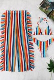 Multicolor Sexy Striped Print Bandage Patchwork Backless Swimsuit Three Piece Set (With Paddings)