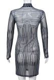 Black Sexy Print See-through Turtleneck Long Sleeve Dresses