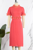 Red Casual Elegant Solid Patchwork O Neck Straight Dresses