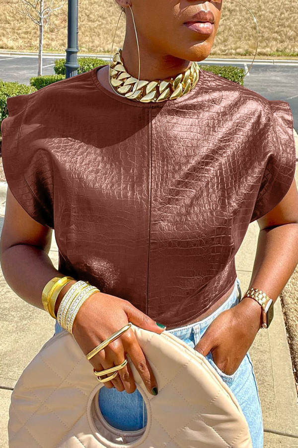 Brown Casual Solid Patchwork O Neck T-Shirts