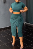 Grey Casual Solid Bandage Patchwork Slit O Neck Short Sleeve Two Pieces