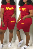 Red Casual Letter Print Basic O Neck Short Sleeve Two Pieces