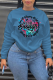 Blue Street Print Patchwork Letter O Neck Tops