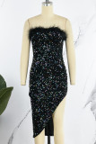 Blue Sexy Patchwork Sequins Backless Slit Strapless Irregular Dress Dresses