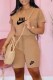 Khaki Casual Print Letter V Neck Short Sleeve Two Pieces