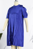 Red Casual Solid Frenulum Fold Half A Turtleneck Pleated Short Sleeve Dress