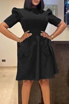 Black Casual Solid Patchwork With Bow O Neck Short Sleeve Dress