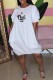White Casual Print Letter O Neck Lantern Skirt Dresses