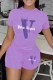 Purple Casual Print Letter O Neck Short Sleeve Two Pieces