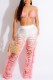 Pink Sexy Gradual Change Print Ripped Bandage Backless Halter Sleeveless Two Pieces