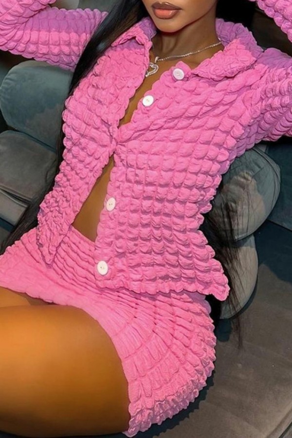 Pink Casual Solid Buttons Turndown Collar Long Sleeve Two Pieces