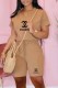Khaki Casual Print Letter V Neck Short Sleeve Two Pieces