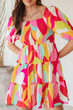 Red Sweet Print Patchwork Square Collar A Line Dresses