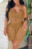 Khaki Sexy Solid Tassel Hollowed Out Patchwork Halter Sleeveless Two Pieces