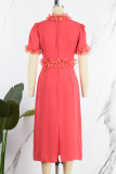 Red Casual Elegant Solid Patchwork O Neck Straight Dresses