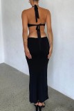 Black Sexy Solid Bandage Hollowed Out Backless Halter Long Dress Dresses