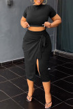 Grey Casual Solid Bandage Patchwork Slit O Neck Short Sleeve Two Pieces
