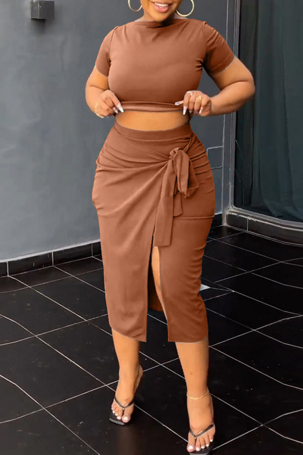 Brown Casual Solid Bandage Patchwork Slit O Neck Short Sleeve Two Pieces