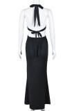 Black Sexy Solid Bandage Hollowed Out Backless Halter Long Dress Dresses