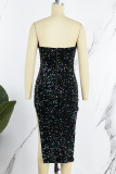 Blue Sexy Patchwork Sequins Backless Slit Strapless Irregular Dress Dresses