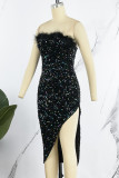 Blue Sexy Patchwork Sequins Backless Slit Strapless Irregular Dress Dresses