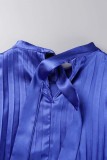 Royal Blue Casual Solid Frenulum Fold Half A Turtleneck Pleated Short Sleeve Dress