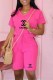 Rose Red Casual Print Letter V Neck Short Sleeve Two Pieces