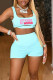 Light Blue Street Print Patchwork U Neck Sleeveless Two Pieces