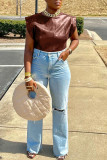 Burgundy Casual Solid Patchwork O Neck T-Shirts